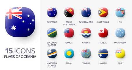 Realistic 3d glossy icons of Oceania countries, Oceanian flags. Vector illustration