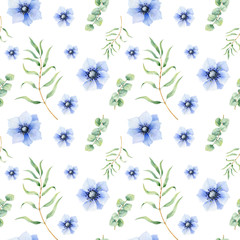 Seamless pattern of anemone with eucalyptus for fabric, wedding invitation, card backgrounds.