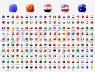 Realistic 3d glossy icons of All World countries, All World flags. Vector illustration