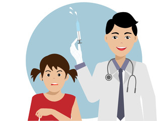 COVID-19 Vaccine concept.Doctor in gown uniform and stethoscope holding vaccine syringe preparing for injection to girl patient. Idea for hope of the world to fight with COVID-19 coronavirus pandemic