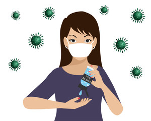Woman wearing surgical face mask apply hand sanitizer with 75% alcohol gel washing her hands to protect COVID-19. Isolated on white background. Idea for corona virus (covid-19) outbreak and prevention
