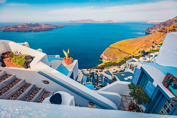No tourist early morning Santorini island. Attractive summer scene of the  famous Greek resort Thira, Greece, Europe. Traveling concept background.