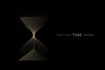 Hourglass from gold light particles flowing isolated on black background. Vector illustration in concept time, modern, luxury - obrazy, fototapety, plakaty