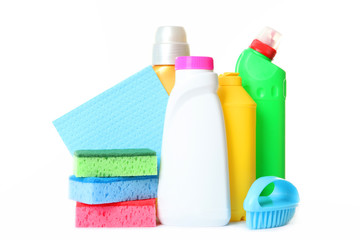 Set of tools for cleaning and disinfection isolated on white.
