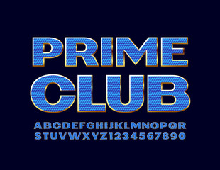 Vector chic banner Prime Club with Blue and Golden Font. Luxury Alphabet Letters and Numbers
