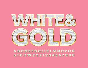 Vector White and Gold Beautiful Font. Elegant chic Alphabet Letters and Numbers