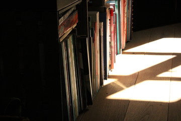 Büchersammlung wird vom Sonnenlicht gestreichelt