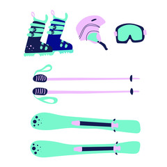 Mounting skiing set. Winter sport accessories. Drawing flat vector illustration.