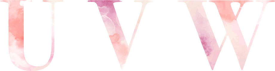 A watercolor serif font, pink salmon color, vector. U V W
