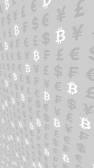 Bitcoin and currency on a gray background. Digital crypto currency symbol. Business concept. Market Display. 3D illustration