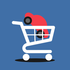 Buy and purchase car and automobile - vehicle in the shopping cart and trolley. Vector illustration isolated on white.	