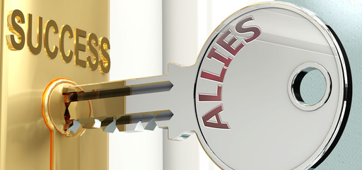 Allies and success - pictured as word Allies on a key, to symbolize that Allies helps achieving success and prosperity in life and business, 3d illustration