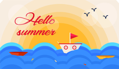 vector illustration, poster for summer promotions and discounts. Seascape with the sun and the ship on the waves. stylish business solution