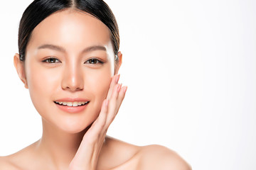 Beautiful Young Asian Woman with Clean Fresh Skin. Face care, Facial treatment, Cosmetology, beauty and healthy skin and cosmetic concept, woman beauty skin isolated on white background