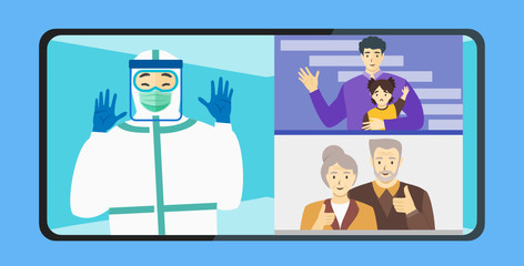 COVID-19 Healthcare Female Doctor Nurse Medical Worker Full Covered Hazmat Suit PPE Video Call Web Conference Teleconference with Remote Mobile Meetings Daughter Kid Husband Family During Break Time