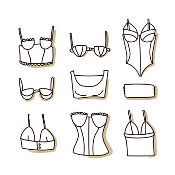 Underwear on an isolated background. Body, bodice, bra, bra on a white background. Icons for types of women's bodices. Doodle style. Vector.