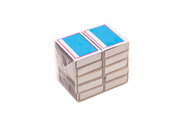 10p pack of matches boxes in plastic package isolated on white background