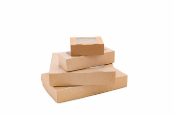 Craft paper disposable box with window. Disposable biodegradable takeaway kraft paper fast food container isolated on white background