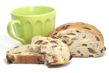 breakfast with donut bread with raisins grapes