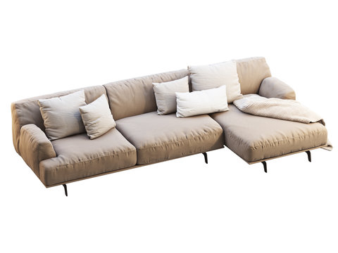 Modern beige chaise lounge fabric sofa with pillows and knitted blanket. 3d render.