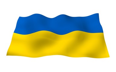 The flag of Ukraine on a white background. National flag and state ensign. Blue and yellow bicolour. 3D illustration waving flag