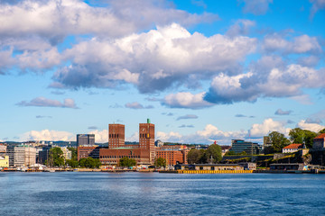 Fototapeta premium Oslo, Norway - City Hall historic building - Radhuset - at Oslofjord sea waterfront in Pipervika borough of Sentrum city center