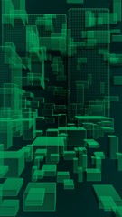 Green and dark abstract digital and technology background. The pattern with repeating rectangles. 3D illustration