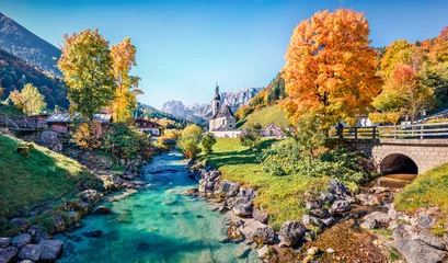 Foto op Canvas Vivid morning scene of Parish Church of St. Sebastian. Colorful autumn view of Bavarian Alps, Au village location. Bright outdoor scene of Germany countryside, Europe. Traveling concept background.. © Andrew Mayovskyy
