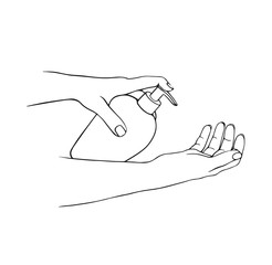 Disinfection of hands. Hand-drawn vector illustration . alcohol gel bottle for cleaning and disinfection. Hand press disinfectant. Vector illustration
