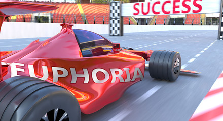 Euphoria and success - pictured as word Euphoria and a f1 car, to symbolize that Euphoria can help achieving success and prosperity in life and business, 3d illustration
