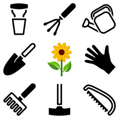 Garden tool icon collection - vector outline and silhouette illustration