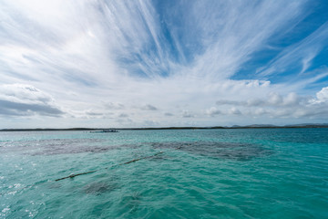 crystal clear turquoise water with corral reef and blue sky, Antigua, Caribbean Island