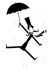 Strong wind, mustache man and umbrella illustration. Hurricane and a long mustache man in the top hat gone with the wind silhouette black on white