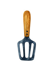 Hand drawn watercolor single skimmer isolated with wooden handle on a white background.