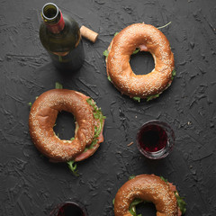 Healthy snack. Bagels with salmon and arugula