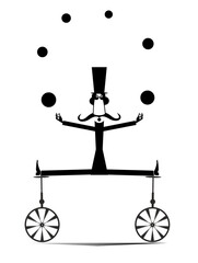 Equilibrist mustache man on two unicycles juggles the balls illustration. Funny long mustache man in the top hat balances on two unicycles and juggles the balls black on white illustration © bigmen