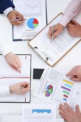 Group of people discuss plan at workplace closeup top view. Training course, mediation offer,...