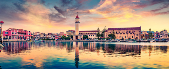 Panoramic summer cityscape of Zakynthos city. Fantastic sunset scene of town hall and Saint...