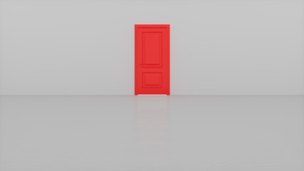 Light shines from red door opening in bright white room. Fills the space with bright white light. 3D render