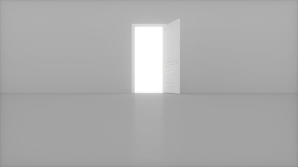 Light shines from door opening in bright white room. Fills the space with bright white light. 3D render