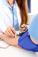 Female doctor arms make medic procedure closeup. Physical cure arterial beat exam tool nurse...