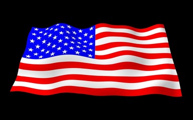 Waving flag of the United States of America on a dark background. Stars and Stripes. State symbol of the USA. 3D illustration