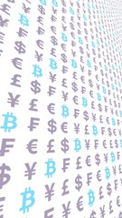 Bitcoin and currency on a white background. Digital crypto currency symbol. Business concept. Market Display. 3D illustration