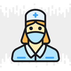 Nurse, doctor or medical staff icon. Young woman in medical mask and medical gown. Simple color version on light gray background
