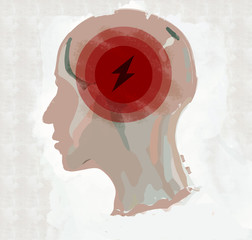 Stress, a graphic of a human head with a thunderbolt, showing stress.
