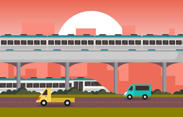 Railway Railroad Side Public Transport Commuter Metro Train Landscape Illustration