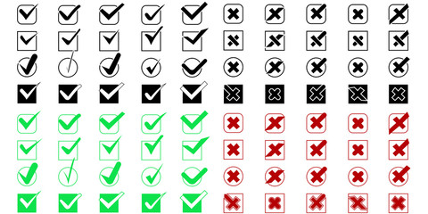 Big set of Check Marks with Crosses different shapes and color. Check Marks with Crosses. Check Marks with Crosses in modern simple flat style. Examination mark and checklist marks. 
