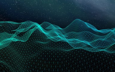 Abstract landscape on a dark background. Cyberspace grid. hi tech network. Outer space. Starry outer space texture. 3D illustration