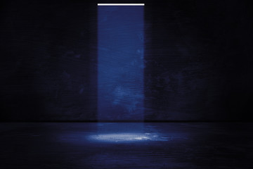 Empty background scene. Rays of neon light in the dark, neon figures, smoke. Background of empty stage show. Abstract dark background.