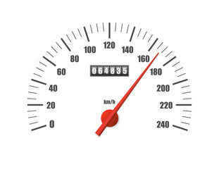 Realistic speedometer isolated on white background. Sport car odometer with motor miles measuring scale. Racing speed counter. Engine power concept template